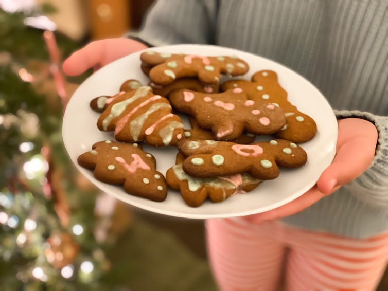 Close-up of person holding plate of gingerbread cookies