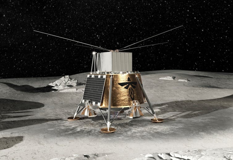 An artist's depiction of a small ship sitting on the moon's gray surface. The ship has a rectangular golden body with a black signature, a gray panel on the left side, and a rectangular silver top with her four long, thin metal rods coming out of the top.