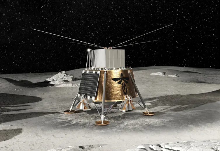 An artist's rendering of a small craft sitting on the gray surface of the Moon. The craft has a rectangular gold body with a black sign on it, a gray panel on the left side, and a rectangular silver top, with four long skinny metal rods coming off the top