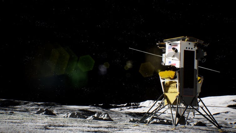 Lunar lander on the gray surface of the moon. The lander has a white square top with a square gold reflector, a black panel on the right side, and her two long thin antennas on top.