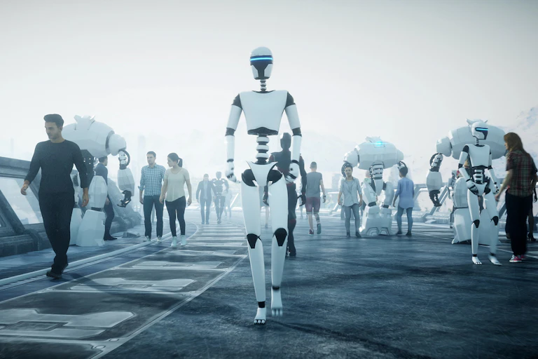 people and humanoid robots walk along a futuristic street