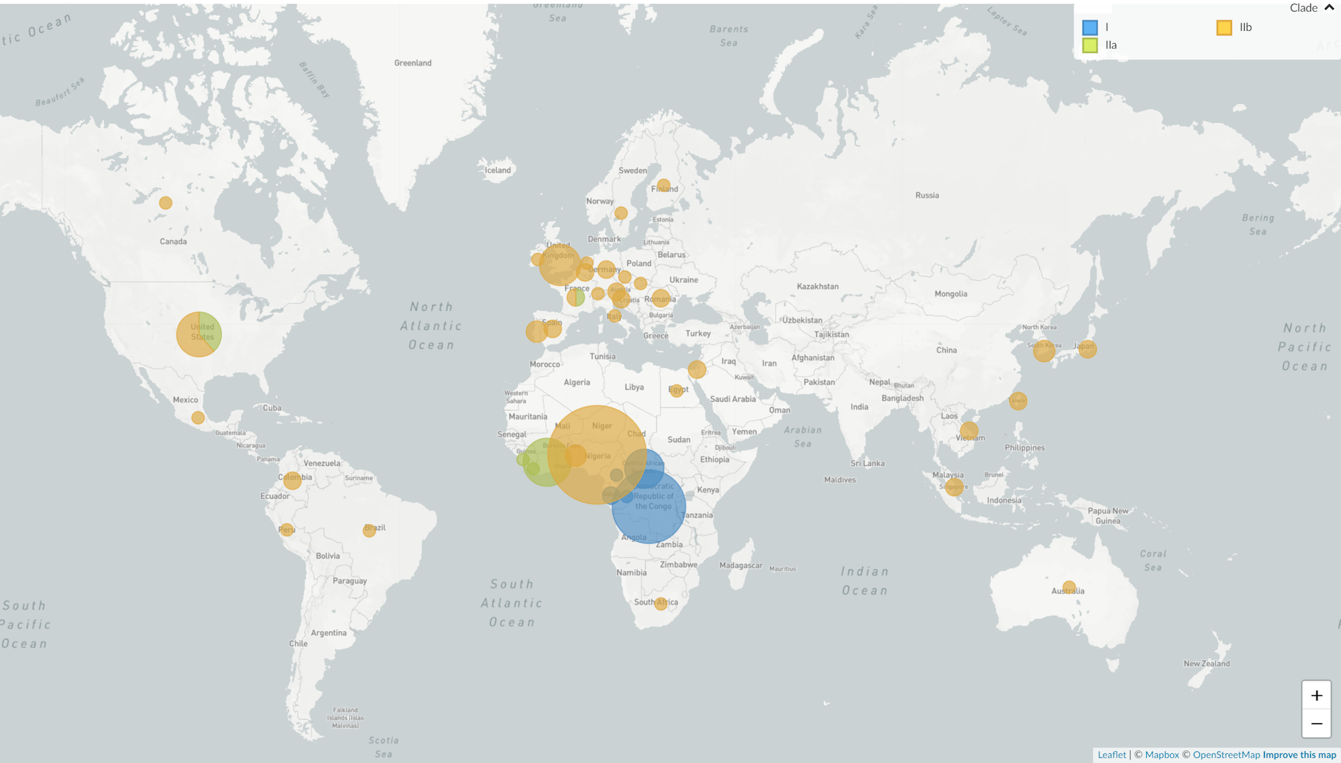 Carte recensant les cas de mpox en fonction des clades considérés.