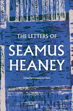 A blue and black screenprinted book cover showing a field and trees, called The Letters of Seumas Heaney.