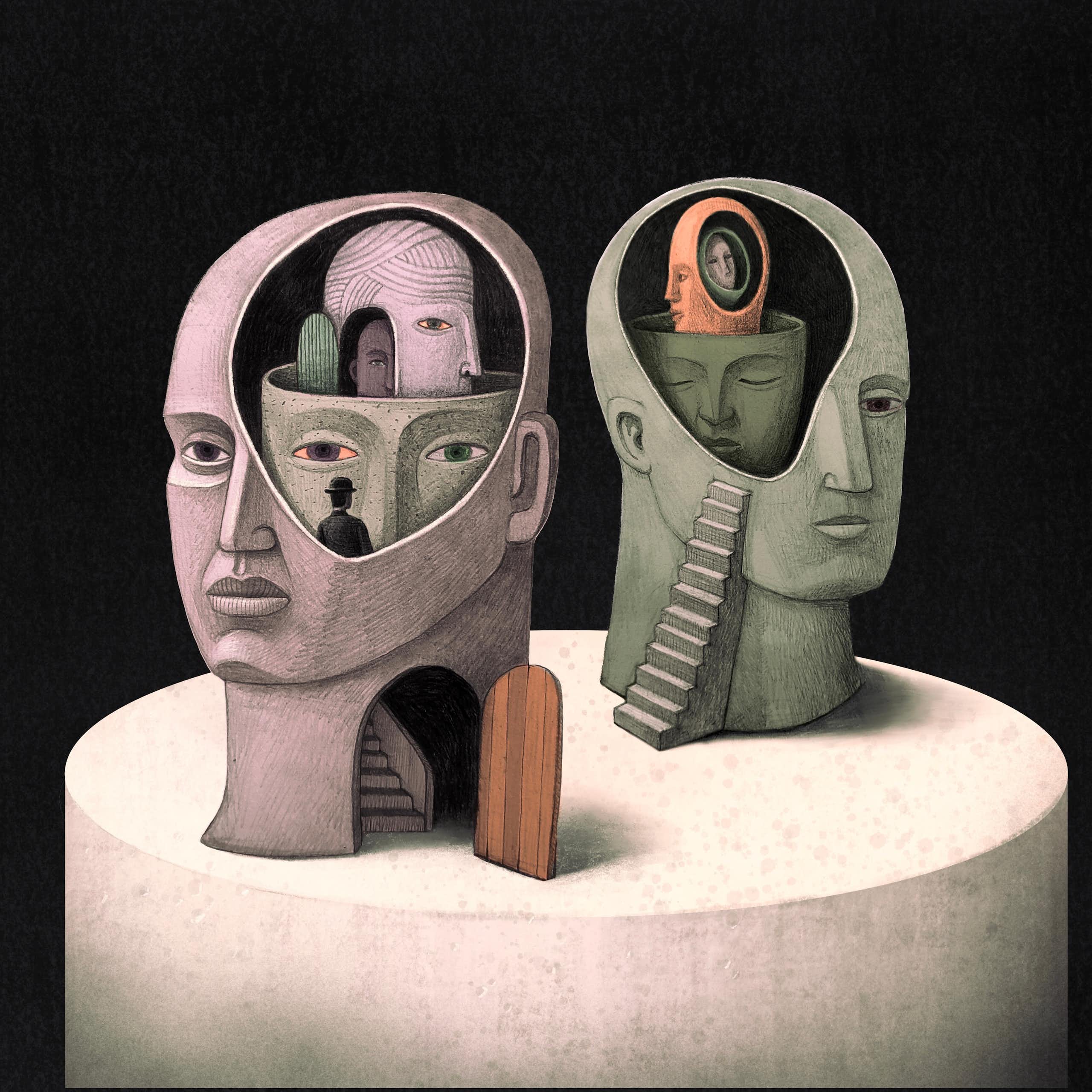 Une illustration surréaliste de deux têtes avec des portes et des escaliers et d'autres têtes à l'intérieur.