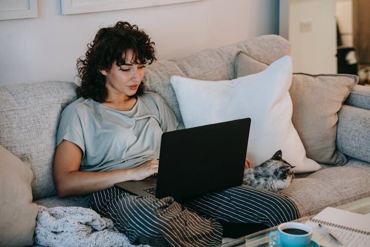 Woman sits on sofa, typing on laptop