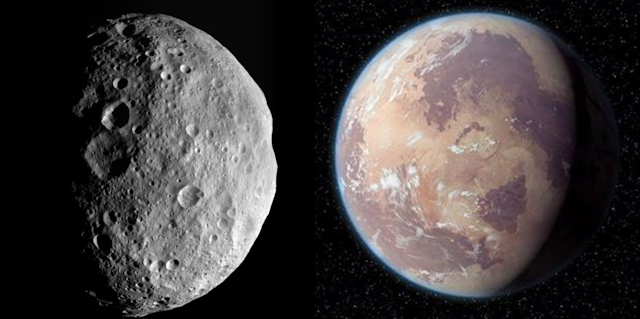 The asteroid 4 vesta, left, and Tatooine, as seen in Star Wars, on the right. 