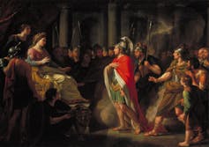 Pintura de un hombre vestido de guerrero que se acerca a una mujer sentada en un trono.
