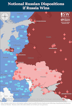 Map of eastern Europe showing what military dispositions will look like if Russia conquers UKraine.