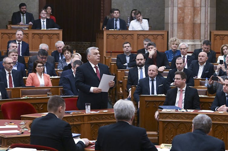 Hungarian prime minister, Viktor Orbán, speaks in the chamber of the Hungarian parliament.