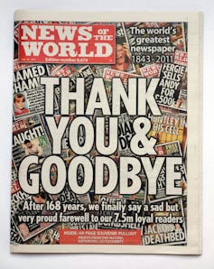 A copy of the News of the World with a front page that reads 'Thank you and goodbye'.