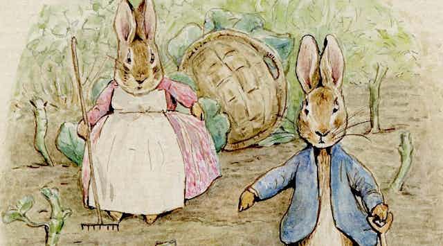 Illustration of two rabbits in human clothes.