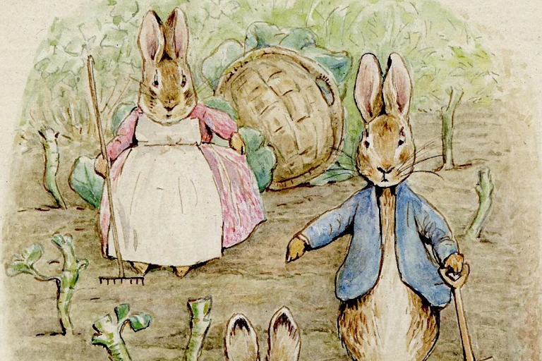 Illustration of two rabbits in human clothes.