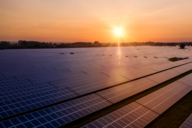 Solar farm at sunset