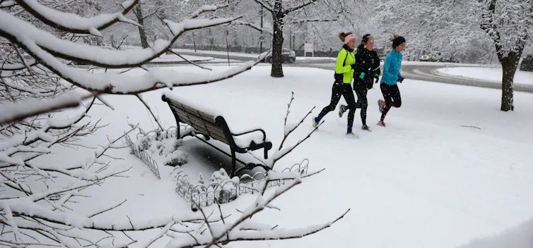 Three runners passing a park bench covered in snow