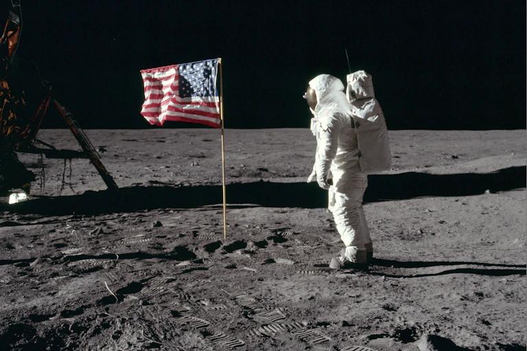 Buzz Aldrin salutes the US flag on the moon.