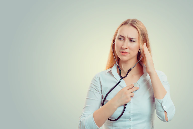 Mujer escuchando los latidos de su corazón