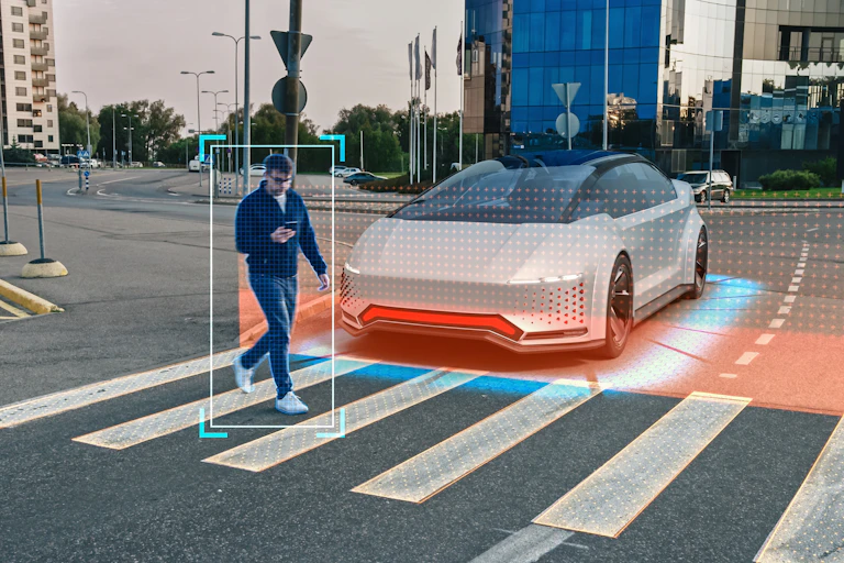 Self-driving car stopped at crossing (concept).