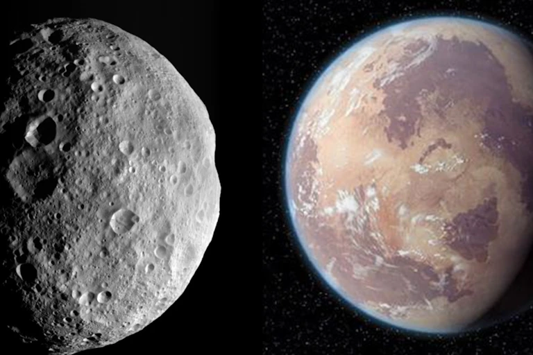 The asteroid 4 vesta, left, and Tatooine, as seen in Star Wars, on the right.