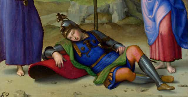 Pintura de un hombre medieval uniformado durmiendo en el suelo.