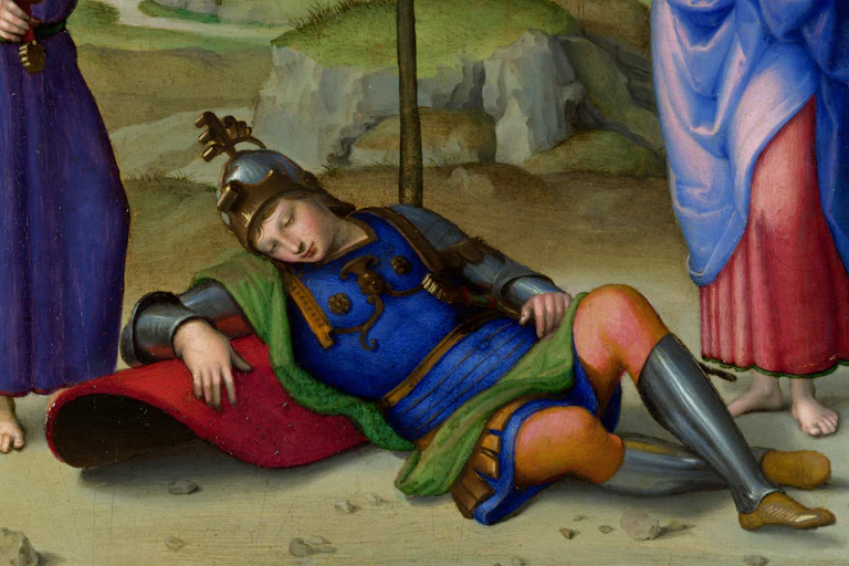 Pintura de un hombre medieval uniformado durmiendo en el suelo.