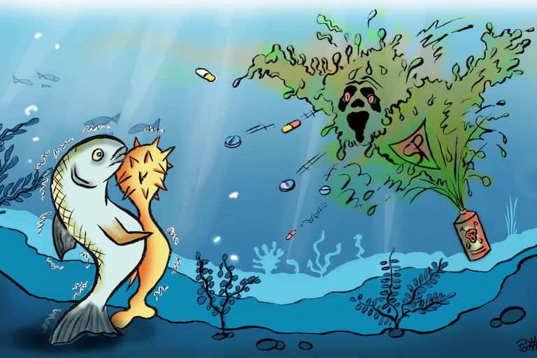 dessin d'un poisson et d'un parasite attaqués par une bombe chimique au fond de la mer