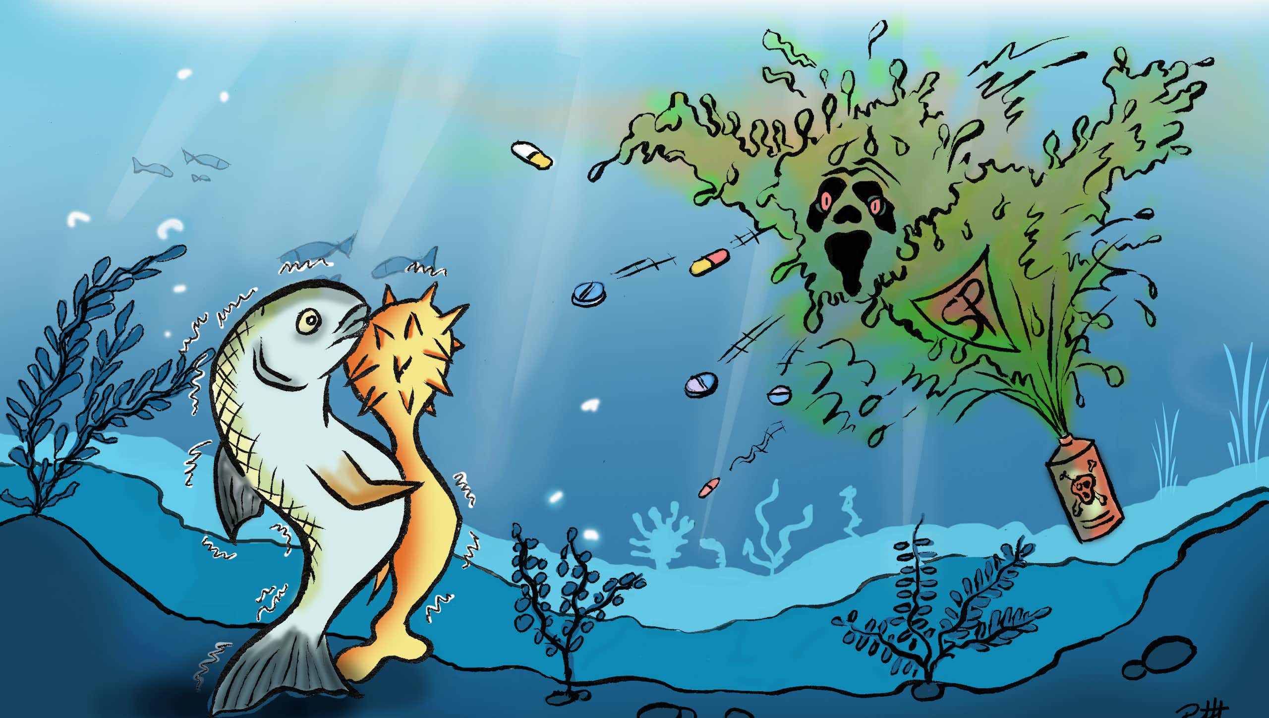 dessin d'un poisson et d'un parasite attaqués par une bombe chimique au fond de la mer