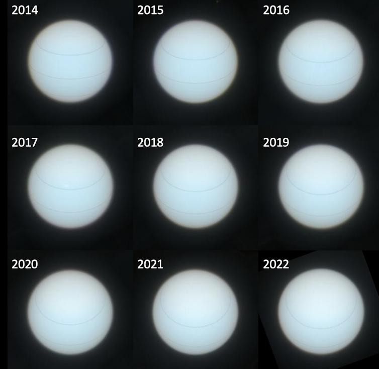 Images of Uranus changing colours as observed with the Hubble telescope.