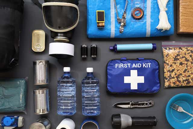 A selection of prepper supplies such as tinned food, water and first-aid products.