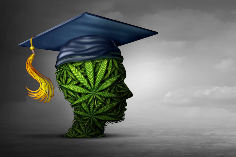 A dark blue graduation cap sits atop figure of a human head made of marijuana leaves. The cap has a swinging tassel that is gold and maroon.