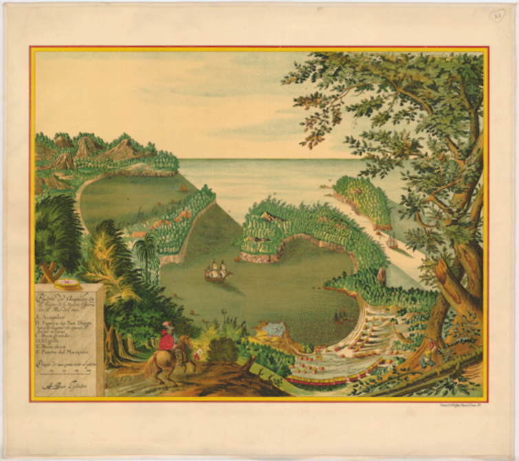 Ilustración descolorida de una zona verde junto al mar, con un árbol más grande en primer plano a la derecha.