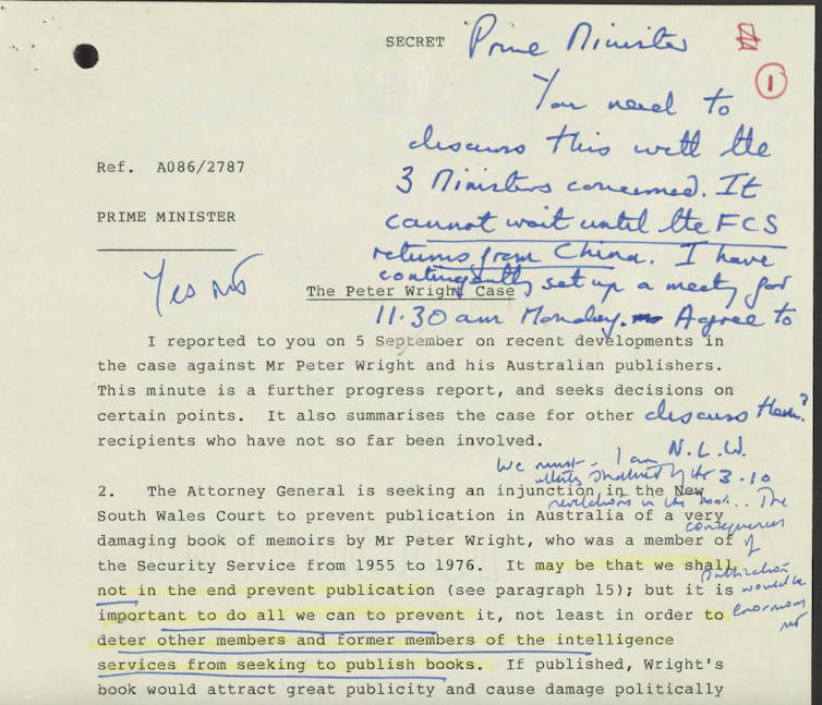 An archived government document discussing the Spycatcher scandal, including a margin note from Margaret Thatcher about the 'enormous consequences' of the book being released.