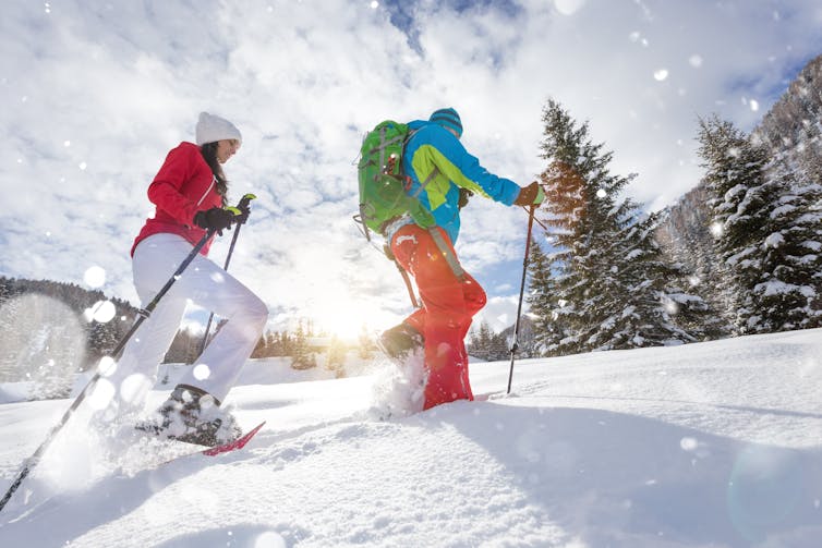 A man and a woman snowshoe through a snowy field on a sunny day.
