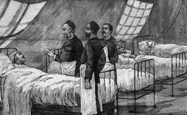 Illustration relating to the influenza pandemic in Paris, from the cover of Le Petit Parisien, January, 1890