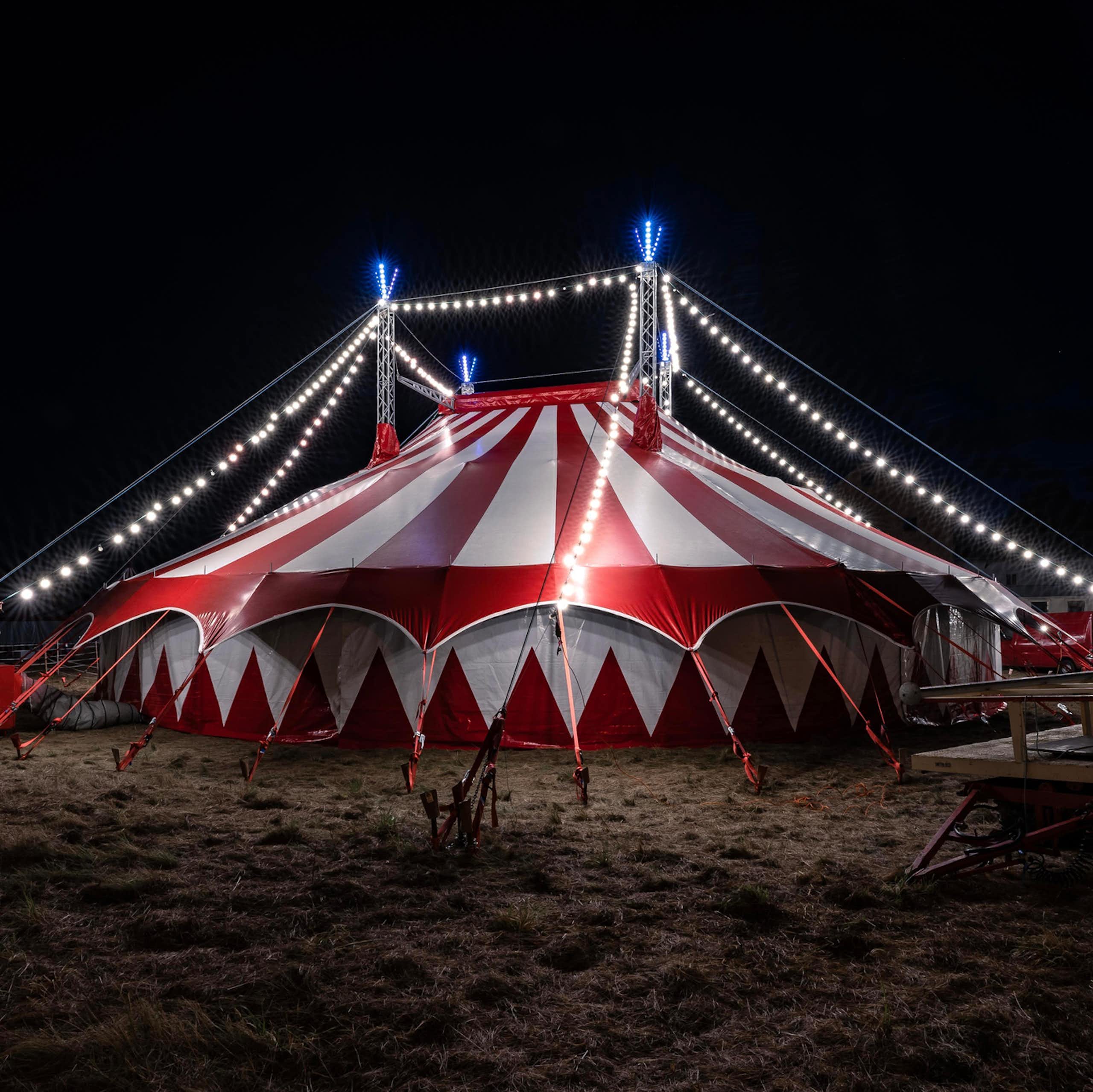 A red and white circus tent in a field at night, lit up with small white strings of lights.
