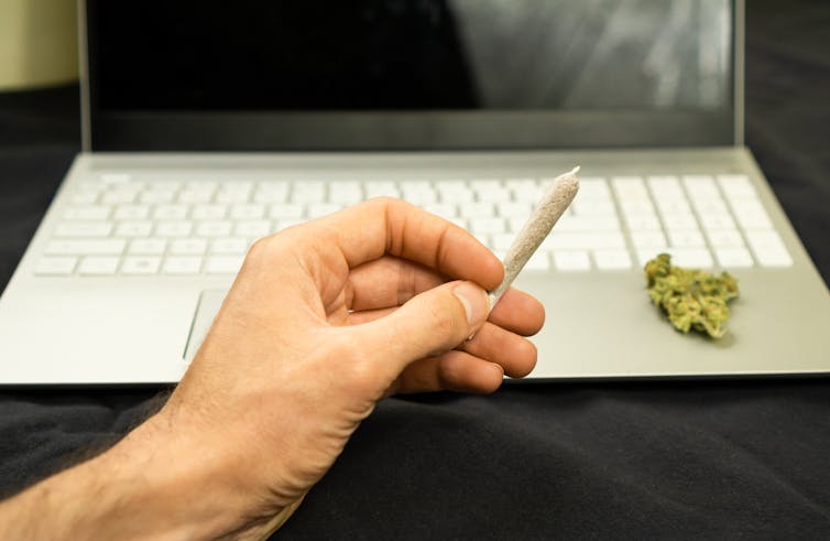 Someone holds a marijuana joint near a laptop where there's a bud of marijuana.