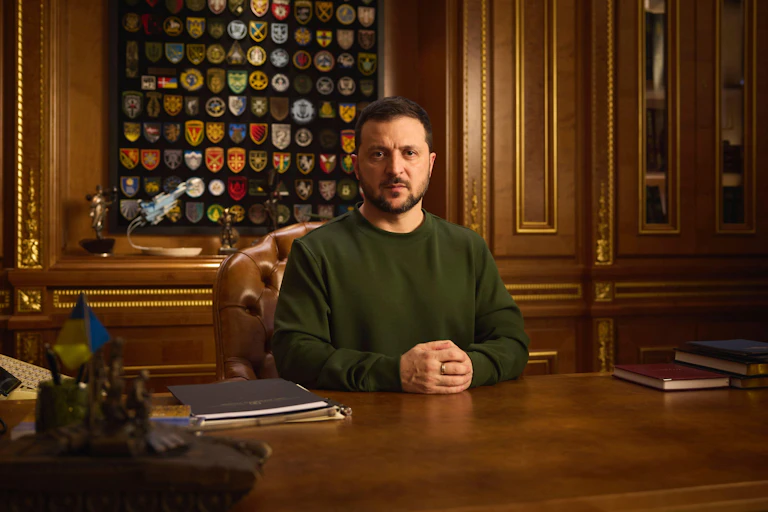 Ukrainian president Volodymyr Zelensky at his desk in Kyiv.