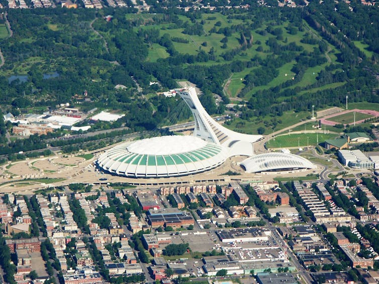 Aerial view of a sports stadium in a city
