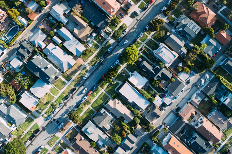 Aerial shot of a suburban neighbourhood