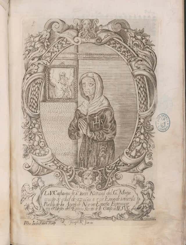 A black and white illustration in an old book of a cloaked woman whose hands are folded in prayer.
