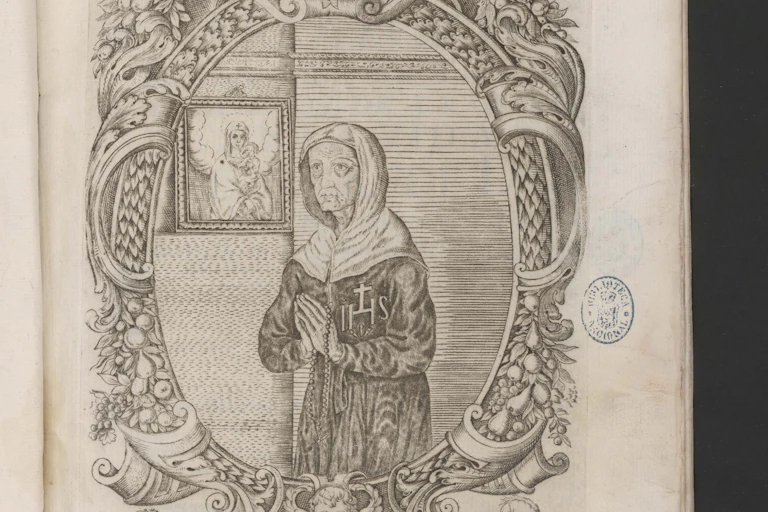 A black and white illustration in an old book of a cloaked woman whose hands are folded in prayer.
