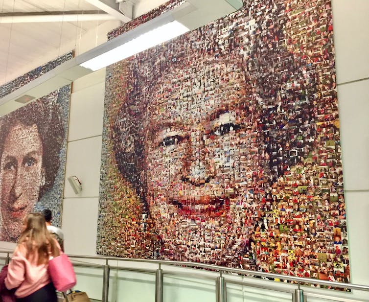 Photomosaics of Queen Elizabeth and Princess Margaret in an airport corridor.