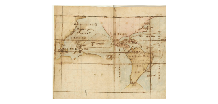 A faded brown and tan map showing the Americas, Pacific Ocean and East and Southeast Asia.