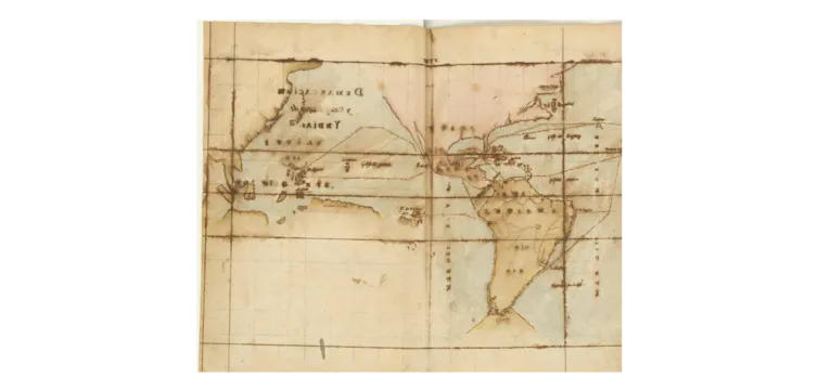 A faded brown and tan map showing the Americas, Pacific Ocean and East and Southeast Asia.
