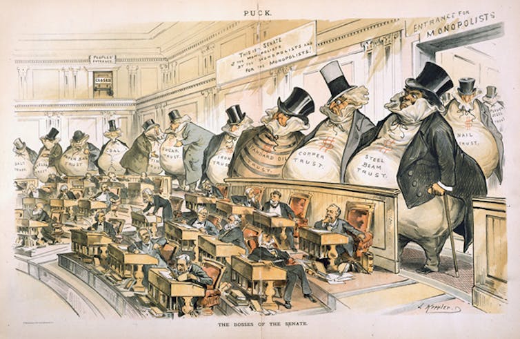 Cartoon of obese men representing various industries looming over senators.