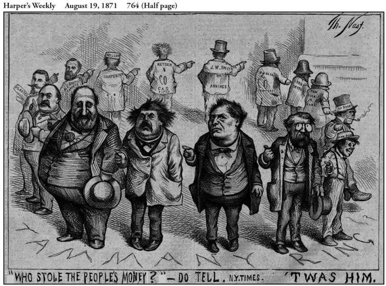 Cartoon of men standing in a circle pointing their fingers.