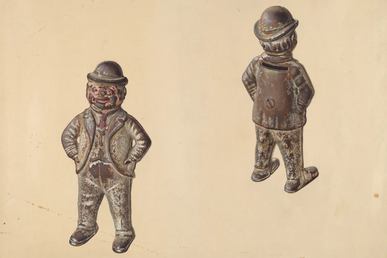 Two images – front and back – of a metal statue featuring a smiling politician with a slot to insert coins in his back.