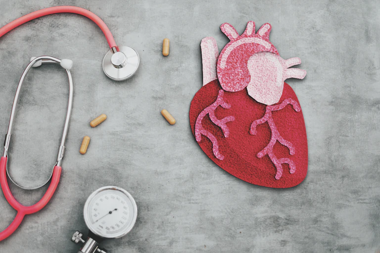 Anatomical heart made of felt on a gray background with stethoscope, pills and blood pressure gauge beside it.