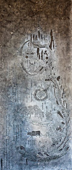 A detailed Taoist chart with intricate black etchings and inscriptions in Chinese.