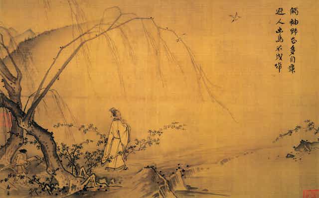 A painting showing a man walking amid nature against a rich, golden background.