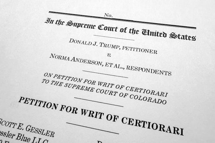 A legal document in which former President Donald Trump asks the U.S. Supreme Court to review the Colorado Supreme Court's decision.